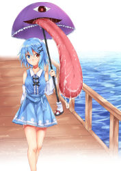 Rule 34 | 1girl, absurdres, adapted costume, akiteru (akiteru98), bare shoulders, blue eyes, blue hair, blue shirt, blue skirt, blush, breasts, center frills, commentary request, detached sleeves, feet out of frame, frills, hair between eyes, hair ornament, hairclip, hand up, heterochromia, highres, holding, holding umbrella, long sleeves, looking at viewer, medium breasts, pleated skirt, purple umbrella, railing, red eyes, saliva, shirt, short hair, skirt, skirt set, solo, standing, tatara kogasa, thighs, tongue, tongue out, touhou, umbrella, water, white background