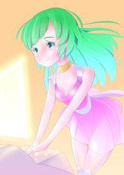Rule 34 | 1girl, android, bad id, bad pixiv id, blue eyes, child, choujikuu seiki orguss, control station, dress, green hair, highres, holographic interface, holographic keyboard, holographic monitor, maimai-dou, maimai do, mome (orguss), orguss, science fiction, skirt, solo, spacecraft interior