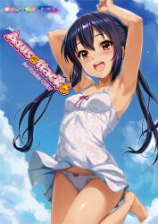 Rule 34 | 1girl, arms up, barefoot, blush, breasts, brown eyes, censored, censored text, clothes lift, dress, dress lift, k-on!, long hair, looking at viewer, medium breasts, menyoujan, nakano azusa, open mouth, outdoors, panties, pantyshot, sleeveless, sleeveless dress, smile, solo, twintails, underwear, white dress, white panties