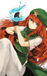 Rule 34 | 1girl, absurdres, adapted costume, alternate costume, bad id, bad pixiv id, black gloves, blue eyes, blue fire, braid, chinese clothes, fingerless gloves, fire, gloves, hat, highres, hong meiling, long hair, looking at viewer, miruto netsuki, pants, pants under skirt, pyrokinesis, red hair, shirt, short sleeves, skirt, skirt set, solo, star (symbol), touhou, twin braids, very long hair, vest