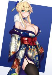 Rule 34 | 1girl, akatsuki ikki, artoria pendragon (fate), artoria pendragon (lancer) (fate), black thighhighs, blonde hair, blue background, blue kimono, blush, border, braid, breasts, choker, cleavage, collarbone, commentary request, fate/grand order, fate (series), floral print, flower, french braid, fur collar, fur trim, furisode, garter straps, green eyes, hair between eyes, hair bun, hair flower, hair ornament, hairpin, highres, japanese clothes, kimono, large breasts, long hair, looking at viewer, obi, off shoulder, sash, sidelocks, simple background, single hair bun, smile, solo, thighhighs, thighs, two-tone background, white border, wide sleeves