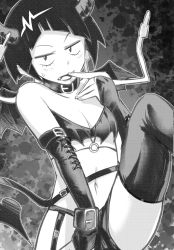 Rule 34 | 1girl, bare shoulders, bat wings, belt buckle, blush, boku no hero academia, breasts, bridal gauntlets, buckle, collar, demon girl, elbow gloves, fangs, gloves, greyscale, halloween costume, highres, horns, jirou kyouka, lipstick, looking at viewer, makeup, midriff, monochrome, navel, nstime23, o-ring, open mouth, short hair, small breasts, solo, demon girl, sweatdrop, thighhighs, wings