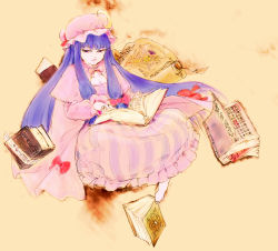 Rule 34 | 1girl, blunt bangs, book, bow, bowtie, capelet, cloak, dress, full body, half-closed eyes, hat, highres, jewelry, konpasu, long hair, mob cap, open book, patchouli knowledge, purple eyes, purple hair, ring, scroll, striped clothes, striped dress, touhou, vertical-striped clothes, vertical-striped dress, very long hair