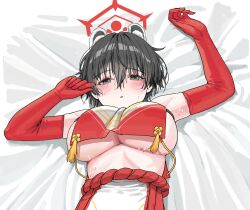 Rule 34 | 1girl, animal ear fluff, animal ears, bed sheet, black eyes, black hair, blue archive, breasts, copyright request, crop top, crop top overhang, elbow gloves, gloves, halo, hip vent, large breasts, looking at viewer, naked tabard, on bed, raccoon ears, rope, shimenawa, short hair, sideless outfit, skirt, solo, tabard, tassel, tsubaki (blue archive), urrrt
