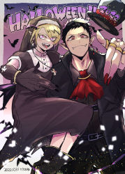 Rule 34 | 2boys, andro m. jazz, ascot, bat (animal), belt, black coat, black footwear, black gloves, black hair, blonde hair, coat, dated, earclip, fangs, gloves, habit, halloween, highres, jewelry, looking at viewer, mairimashita! iruma-kun, multiple boys, nail polish, pink eyes, pointy ears, red ascot, red nails, ricchan paopao, ring, shax lead, standing, tongue, tongue out