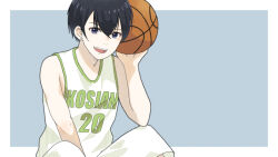 Rule 34 | 1boy, ball, bare arms, basketball (object), basketball uniform, black hair, blue background, border, earrings, hair between eyes, holding, holding ball, jewelry, looking at viewer, male focus, miko35, open mouth, original, short hair, shorts, sitting, solo, sportswear, teeth, upper teeth only, white border, white shorts