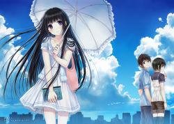 Rule 34 | 1boy, 2girls, artist name, black hair, blue eyes, blue sky, blush, book, camisole, camisole over clothes, casual, cloud, cloudy sky, day, dress, finger to mouth, kazuharu kina, long hair, looking back, multiple girls, original, outdoors, parasol, parted lips, purple eyes, revision, shirt, short hair, shorts, sky, smile, sundress, thighhighs, umbrella, very long hair, watermark, web address, white dress