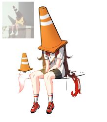 Rule 34 | 1girl, :i, absurdres, boo tao (genshin impact), brown hair, genshin impact, gradient hair, highres, hu tao (genshin impact), long hair, multicolored hair, red footwear, red hair, shirt, shoes, short sleeves, sitting, socks, traffic cone, very long hair, white shirt, white socks, xxx da n00b xxx