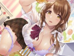 Rule 34 | 1girl, black skirt, blush, bow, bra, bra visible through clothes, breasts, brown eyes, brown hair, cleavage, collared shirt, hair bow, hanging breasts, highres, indoors, large breasts, long hair, looking at viewer, non-web source, open clothes, open mouth, open shirt, original, panties, panties around leg, panty pull, plaid, plaid skirt, pleated skirt, purple bra, purple panties, school uniform, scrunchie, shirt, short sleeves, simple background, skirt, smile, solo, strap slip, sweat, underwear, urabi (tomatohouse), wet, wet clothes, wet shirt, white shirt, wrist scrunchie
