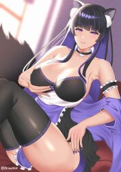 Rule 34 | 1girl, absurdres, animal ear fluff, animal ears, apron, artist name, black choker, black dress, black hair, black thighhighs, blush, breast hold, breasts, brownice, choker, colored inner hair, dress, gentiana helix, highres, holding, indonesian commentary, large breasts, maid, mole, mole under mouth, multicolored hair, nail polish, purple apron, purple eyes, purple hair, purple nails, sitting, snowdrop production, teeth, thighhighs, virtual youtuber, window