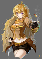 Rule 34 | 1girl, absurdres, ahoge, belt, blonde hair, breasts, bullet, casing ejection, cleavage, fingerless gloves, gauntlets, gloves, highres, long hair, looking at viewer, medium breasts, purple eyes, rwby, shell casing, signature, simple background, smile, smoke, solo, sunset xi, weapon, yang xiao long, yuugyou you