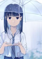 Rule 34 | 1girl, :o, blue eyes, blue hair, blurry, book, cable divider, dress shirt, earphones, fuyuno kamome, highres, holding, holding book, holding umbrella, long hair, looking at viewer, necktie, open book, parted lips, rain, shirt, sleeves rolled up, solo, the r.a.i.n.s., transparent, transparent umbrella, umbrella, upper body