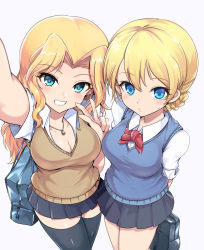 Rule 34 | 2girls, alternate costume, arm up, arms behind back, bag, black legwear, black skirt, blonde hair, blue eyes, blue sweater, blush, bow, bowtie, braid, breasts, brown sweater, carrying, cleavage, collared shirt, commentary, cowboy shot, darjeeling (girls und panzer), girls und panzer, grin, hair intakes, head tilt, highres, holding, holding bag, holding behind back, jewelry, kasai shin, kay (girls und panzer), large breasts, light blush, long hair, looking at viewer, miniskirt, multiple girls, necklace, holding behind back, parted lips, pleated skirt, red neckwear, school bag, selfie, shirt, short hair, short sleeves, simple background, skirt, smile, standing, sweatdrop, sweater, sweater vest, thighhighs, twin braids, v-neck, w, white background, white shirt, wing collar