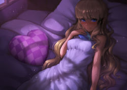 Rule 34 | 1girl, blonde hair, blue eyes, blunt bangs, cowboy shot, dark, heart, heart-shaped pillow, highres, indoors, long hair, navi000301, on bed, pillow, pointy ears, princess connect!, saren (princess connect!), solo, very long hair