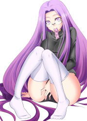 Rule 34 | 1girl, condom, condom in mouth, condom packet strip, condom wrapper, fate/stay night, fate (series), glasses, long hair, medusa (fate), medusa (rider) (fate), mouth hold, panties, sitting, solo, square pupils, thighhighs, underwear, very long hair, zanku