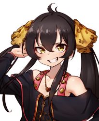 Rule 34 | 1girl, animal print, bare shoulders, black hair, blush, collarbone, grin, hair between eyes, hair ribbon, hand up, heart, heart necklace, idolmaster, idolmaster cinderella girls, jacket, jewelry, kakaobataa, leopard print, long hair, long sleeves, looking at viewer, matoba risa, necklace, off shoulder, open mouth, partially unzipped, print ribbon, ribbon, simple background, smile, solo, teeth, twintails, upper body, white background, yellow eyes
