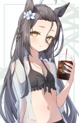 Rule 34 | 1girl, absurdres, ahoge, animal ears, bikini, black bikini, black hair, braid, breasts, closed mouth, cup, disposable cup, drink, drinking straw, ear flower, ezaki hiyori, highres, holding, holding cup, horse ears, horse girl, jacket, jewelry, manhattan cafe (the bubbles that i see with you) (umamusume), manhattan cafe (umamusume), multicolored hair, navel, necklace, official alternate costume, official alternate hairstyle, see-through, see-through jacket, small breasts, smile, solo, swimsuit, two-tone hair, umamusume, yellow eyes