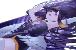 Rule 34 | 1girl, armpits, bare shoulders, black gloves, blunt bangs, choker, elbow gloves, flat chest, gloves, highres, hololive, hololive english, long hair, low wings, lying, ninomae ina&#039;nis, on back, open mouth, purple eyes, purple hair, single elbow glove, skymax, solo, tentacle hair, very long hair, virtual youtuber, white gloves, white legwear, white wings, wings