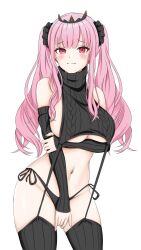 Rule 34 | 1girl, bare shoulders, blush, breasts, detached sleeves, highres, hololive, hololive english, kotoritoriri, large breasts, long hair, looking at viewer, meme attire, mori calliope, navel, panties, pink hair, red eyes, ribbed thighhighs, smile, solo, sweater, thighhighs, turtleneck, underwear, virgin destroyer sweater, virtual youtuber