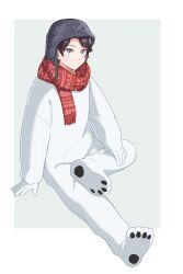 Rule 34 | 1boy, animal costume, bear costume, blue eyes, brown hair, commentary request, crossed arms, hat, highres, male focus, nijisanji, o3o, red scarf, saegusa akina, scarf, sitting, solo, sonoda (mzm), virtual youtuber