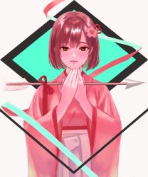 Rule 34 | 1girl, absurdres, aqua ribbon, arrow (projectile), axis powers hetalia, bob cut, brown eyes, brown hair, cherry blossoms, female focus, fingernails, flower, genderswap, genderswap (mtf), hair flower, hair ornament, hakama, hands up, highres, holding, holding arrow, japan (hetalia), japanese clothes, looking at viewer, meiji schoolgirl uniform, orange eyes, own hands together, pink hakama, pink ribbon, red ribbon, ribbon, short hair, smile, solo, straight-on, two-sided fabric, upper body, usasuzu, w arms, white background