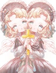 Rule 34 | 2girls, :o, angel, angel wings, blonde hair, blue eyes, bonnet, bow, commentary request, conjoined, cross, dress, feathered wings, frilled bonnet, frilled shirt collar, frills, highres, holding, holding cross, lolita fashion, looking at viewer, mercure 1104, multiple girls, original, parted lips, short hair, conjoined, siblings, simple background, striped, striped bow, twins, white background, white wings, wings