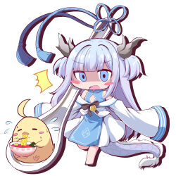 Rule 34 | 1girl, ^^^, azur lane, bare shoulders, bird, blue eyes, blue hair, chibi, chick, chinese clothes, dragon girl, dragon horns, dragon tail, flying sweatdrops, geo (yukishitadou), highres, horns, huge spoon, light blue hair, long hair, long sleeves, lung wu (azur lane), manjuu (azur lane), open mouth, shaded face, simple background, sleeves past fingers, sleeves past wrists, surprised, tail, white background