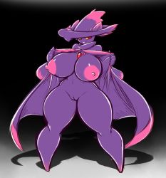 Rule 34 | 1girl, averyshadydolphin, black background, breasts, colored sclera, creatures (company), female focus, flashing, full body, game freak, gen 4 pokemon, ghost, gradient background, hands up, highres, huge breasts, legs apart, lifting own clothes, looking to the side, mismagius, navel, nintendo, nipples, no humans, nude, pokemon, pokemon (creature), pokemon dppt, pussy, red eyes, simple background, smile, solo, standing, teeth, uncensored, yellow sclera