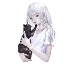 Rule 34 | 1girl, animal, black cat, brown eyes, cat, highres, holding, holding animal, holding cat, klasse14, long hair, original, parted lips, shirone (coxo ii), shirt, short sleeves, simple background, solo, upper body, watch, white background, white hair, white shirt, wristwatch