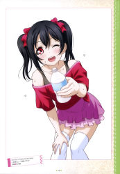 Rule 34 | 10s, 1girl, absurdres, black hair, bottle, bow, collarbone, hair bow, highres, holding, holding bottle, leaning forward, long hair, love live!, love live! school idol festival, love live! school idol project, one eye closed, open mouth, otono natsu, pink skirt, red bow, red eyes, scan, skirt, solo, thighhighs, twintails, water bottle, white thighhighs, yazawa nico