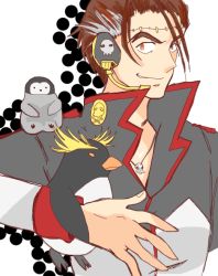Rule 34 | 1boy, animal, big al, bird, headphones, headset, jewelry, male focus, multicolored hair, necklace, orange eyes, penguin, scar, solo, two-tone hair, vocaloid, white background