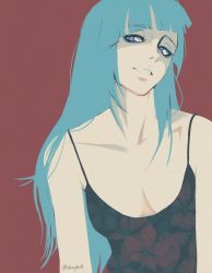 Rule 34 | 1girl, absurdres, bare shoulders, black dress, blue eyes, blue hair, breasts, breasts apart, collarbone, commentary, diagonal bangs, dress, english commentary, eyeshadow, floral print, heart, heart-shaped pupils, highres, jujutsu kaisen, light blue hair, long hair, makeup, medium breasts, miwa kasumi, red background, saucybrtt, simple background, smile, solo, spaghetti strap, symbol-shaped pupils, teeth