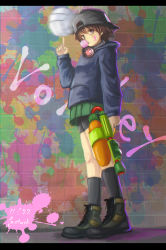 Rule 34 | 10s, 1girl, ankle boots, artist name, backwards hat, ball, bike shorts, black footwear, black hat, black shorts, black socks, blowing bubbles, boots, brown eyes, brown hair, check commentary, chewing gum, commentary request, cross-laced footwear, dated, full body, girls und panzer, graffiti, green skirt, hat, headphones, headphones around neck, highres, holding, holding ball, holding weapon, hood, hood down, hoodie, isobe noriko, letterboxed, long sleeves, looking at viewer, miniskirt, motion blur, nintendo, one-hour drawing challenge, paint splatter, paint splatter on face, pleated skirt, shorts, shorts under skirt, sitting, skirt, socks, solo, splatoon (series), splatoon 1, splattershot (splatoon), tacch, volleyball (object), weapon