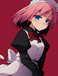 Rule 34 | 1girl, apron, blue eyes, bow, bowtie, closed mouth, highres, hisui (tsukihime), itsuka neru, juliet sleeves, long sleeves, looking at viewer, maid, maid headdress, pink hair, puffy sleeves, red background, red bow, red bowtie, short hair, simple background, solo, tsukihime, v arms, white apron