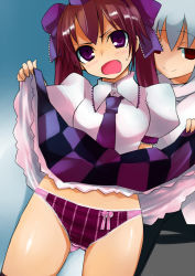 Rule 34 | 2girls, assisted exposure, blush, brown hair, checkered clothes, checkered skirt, clothes lift, female focus, himekaidou hatate, inubashiri momiji, multiple girls, necktie, open mouth, panties, plaid, plaid panties, purple eyes, red eyes, sawamura hikaru, short hair, silver hair, skirt, skirt lift, smile, touhou, twintails, underwear