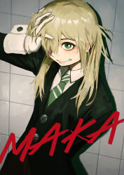 Rule 34 | 1girl, absurdres, against wall, black coat, blonde hair, character name, clenched teeth, coat, diagonal-striped clothes, diagonal-striped necktie, gloves, green eyes, green necktie, grin, hair over one eye, hand in own hair, hand up, highres, long sleeves, looking at viewer, maka albarn, messy hair, necktie, shadow, shirt, sleeve cuffs, smile, solo, soul eater, striped clothes, teeth, tile wall, tiles, twintails, upper body, white gloves, white shirt, wing collar, xiaomai yorik