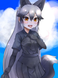 Rule 34 | 1girl, adjusting clothes, adjusting necktie, animal ears, aramaru, black gloves, black necktie, black skirt, blue shirt, blush, cloud, collared shirt, commentary request, cowboy shot, elbow gloves, extra ears, fox ears, fox girl, fox tail, gloves, highres, kemono friends, necktie, nose blush, open mouth, orange eyes, pleated skirt, shirt, short sleeves, silver fox (kemono friends), skirt, sky, solo, summer, sweat, sweatdrop, t-shirt, tail, tongue, tongue out