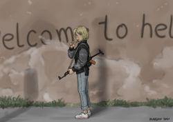 Rule 34 | 1girl, absurdres, akm, akms, artist name, assault rifle, black jacket, blonde hair, blue eyes, bosnia and herzegovina, cigarette, commentary, dated, decay, denim, english commentary, english text, graffiti, gun, gun sling, hand up, highres, holding, holding gun, holding weapon, jacket, jeans, kalashnikov rifle, levi&#039;s, light blush, looking at viewer, mardjan, pants, parted bangs, real life, rifle, road, shadow, shoes, short hair, smoking, sneakers, solo, street, wavy hair, weapon, white footwear, zastava m70