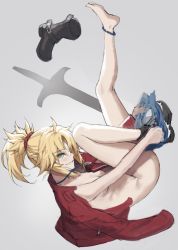 Rule 34 | 1girl, anklet, blonde hair, boots, braid, breasts, duplicate, fate/apocrypha, fate (series), green eyes, grey background, highres, jacket, jewelry, looking at viewer, lying, medium breasts, mordred (fate), mordred (fate/apocrypha), mordred (memories at trifas) (fate), naked jacket, necklace, on back, ponytail, simple background, smile, solo, tonee