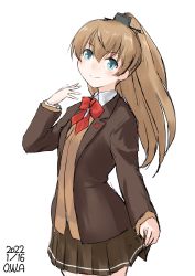 Rule 34 | 1girl, artist name, blazer, bow, bowtie, brown hair, brown jacket, brown skirt, cardigan, cowboy shot, dated, dress, highres, jacket, kantai collection, kumano (kancolle), kumano kai ni (kancolle), long hair, one-hour drawing challenge, owa (ishtail), pleated dress, ponytail, red bow, red bowtie, simple background, skirt, skirt hold, solo, standing, white background