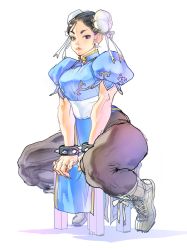 Rule 34 | 1girl, birokichi00, black hair, boots, bracelet, capcom, chinese clothes, chun-li, earrings, highres, jewelry, muscular legs, pantyhose, sitting, spiked bracelet, spikes, stool, street fighter, thick thighs, thighs