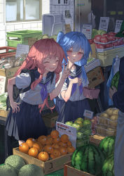 Rule 34 | 1boy, 2girls, :d, ^ ^, apple, bag, basket, bento, black skirt, blue hair, cabbage, cantaloupe, cashier, closed eyes, copyright request, eggplant, fang, flat chest, food, fruit, groceries, grocery bag, hand on own hip, highres, looking at another, melon, multiple girls, neckerchief, open mouth, orange (fruit), pink eyes, pink hair, pleated skirt, school uniform, serafuku, shopping bag, skin fang, skirt, smile, w, wallet, watermelon, yamamomo (plank)