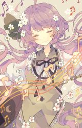 Rule 34 | 1girl, beamed eighth notes, biwa lute, black ribbon, blush, closed eyes, closed mouth, corrupted twitter file, eighth note, flower, hair flower, hair ornament, highres, instrument, long hair, long sleeves, lute (instrument), musical note, nikorashi-ka, one-hour drawing challenge, purple hair, quarter note, ribbon, sixteenth note, smile, solo, touhou, tsukumo benben, upper body, white flower