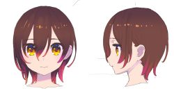 Rule 34 | 1girl, absurdres, brown hair, closed mouth, commentary request, enkyo yuuichirou, eyes visible through hair, gradient hair, hair between eyes, highres, hololive, looking at viewer, multicolored hair, multiple views, pink hair, portrait, profile, roboco-san, short hair, simple background, virtual youtuber, white background, yellow eyes
