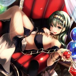 Rule 34 | 10s, 1girl, bandeau, bare shoulders, book, bracelet, breasts, chain, chair, curtains, finger to mouth, green eyes, green hair, hair between eyes, hairband, hand up, holding, index finger raised, jewelry, kantai collection, koruta (nekoimo), long hair, looking at viewer, lying, medium breasts, midriff, on back, open book, open mouth, parted lips, smile, solo, suzuya (kancolle), teeth, thighs, tongue, tongue out