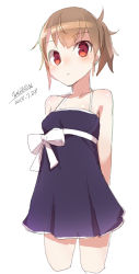Rule 34 | 1girl, bare shoulders, blue dress, blush, bow, breasts, brown hair, closed mouth, cropped legs, dated, dress, looking at viewer, maze (gochama ze gohan), original, red eyes, short hair, signature, simple background, sketch, sleeveless, sleeveless dress, small breasts, solo, standing, white background, white bow
