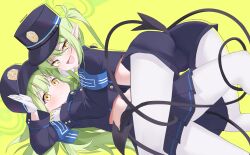 Rule 34 | 2girls, absurdres, armband, black tail, blue archive, blue armband, demon tail, fang, girl on top, gloves, green hair, green halo, halo, hat, highres, hikari (blue archive), looking at viewer, multiple girls, nozomi (blue archive), peaked cap, pointy ears, ragnaveldt, simple background, skin fang, tail, thighs, train conductor, white gloves