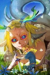 Rule 34 | 1boy, 1girl, absurdres, alternate form, blonde hair, blue eyes, braid, breasts, champion&#039;s tunic (zelda), colored eyelashes, colored sclera, crown braid, dragon girl, dragon horns, eyelashes, fang, flower, giant, giantess, glaring, grass, green eyes, hand on another&#039;s face, happiest little cloud, highres, horns, large breasts, light dragon (zelda), link, long eyelashes, looking at viewer, master sword, nintendo, nipples, pointy ears, princess zelda, purple sclera, scales, spines, sword, tail, the legend of zelda, the legend of zelda: tears of the kingdom, two-tone eyes, very long tail, weapon