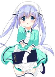 Rule 34 | 1girl, apron, aqua shirt, aqua skirt, blend s, blue eyes, blush, cacao (chocolat), chestnut mouth, collared shirt, commentary request, company connection, cosplay, frilled apron, frills, gloves, gochuumon wa usagi desu ka?, hair between eyes, hair ornament, hand on own chest, hand up, head scarf, holding, holding menu, kafuu chino, long hair, looking at viewer, manga time kirara, menu, parted lips, puffy short sleeves, puffy sleeves, purple footwear, shirt, shoes, short sleeves, sidelocks, simple background, skirt, solo, standing, standing on one leg, stile uniform, thighhighs, twintails, uniform, very long hair, waist apron, waitress, white apron, white background, white gloves, white thighhighs, x hair ornament