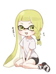 Rule 34 | 1girl, between legs, bike shorts, blonde hair, blunt bangs, blush, braid, domino mask, fangs, female focus, flat chest, full body, green eyes, hair tie, hand between legs, happy, heart, highres, inkling, inkling girl, inkling player character, japanese text, light blush, long hair, looking at viewer, mask, minano ten, multicolored footwear, nintendo, notice lines, open mouth, own hands together, pointy ears, shirt, shoes, short sleeves, simple background, single braid, sitting, smile, solo, splatoon (series), splatoon 3, spoken heart, suction cups, talking, teeth, tentacle hair, tentacles, translated, twintails, v arms, very long hair, wariza, white background, white shirt